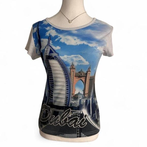 Other Tops - Y2K Vintage Graphic Dubai Mcbling Cityscape Fitted Baby Tee Size Small